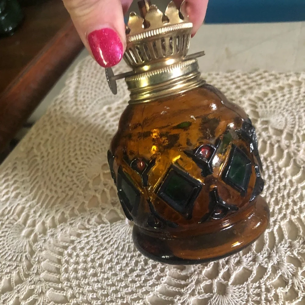 Vintage Small Amber Glass Hurricane Oil Lamp